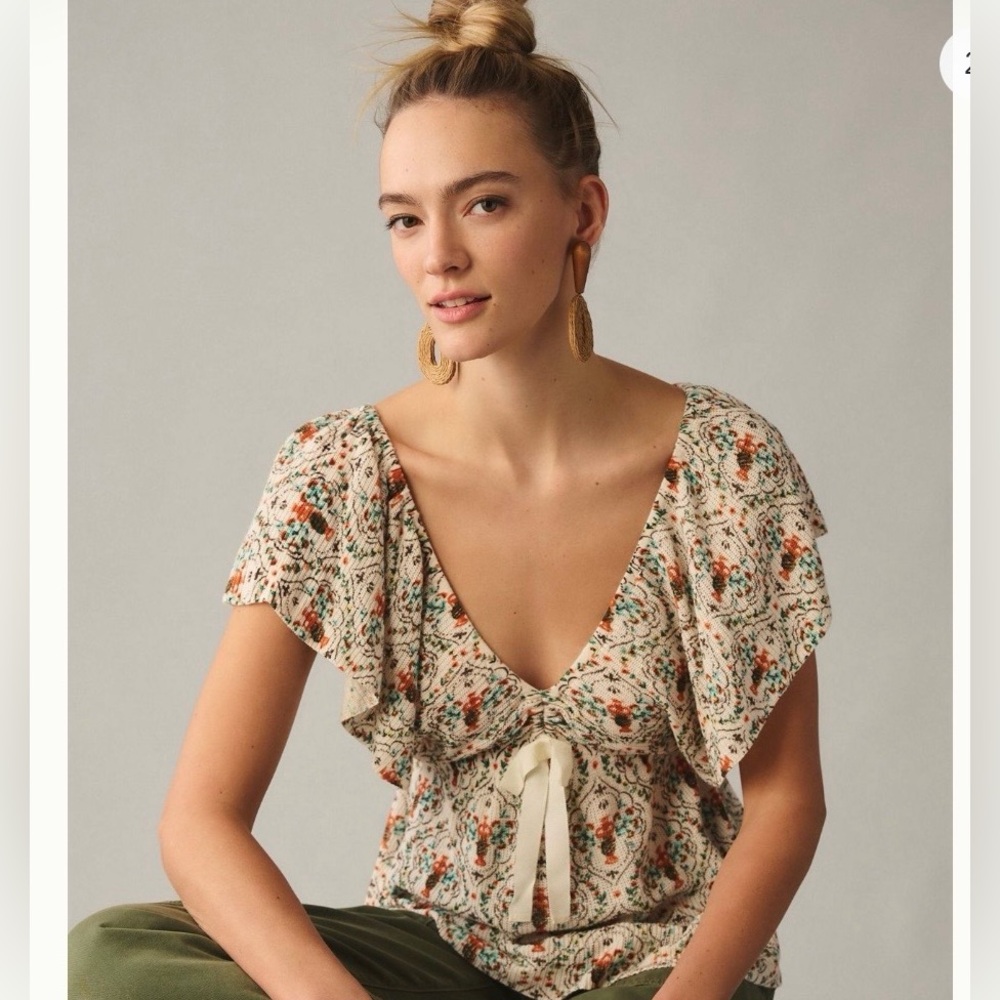 Anthropologie Cream Floral Tie-Front Flutter Blouse